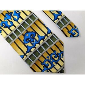 GRATEFUL DEAD SILK TIE THE WOLF 2ND SET GEOMETRIC BLUE GOLD OLIVE 3.5"